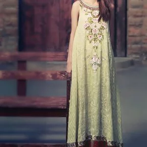 Flared long evening dress, boat neckline, embellished front and hemline, tea green