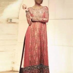 Full sleeves party dress, long a-line embellished shirt, rounded neckline, carmine pink