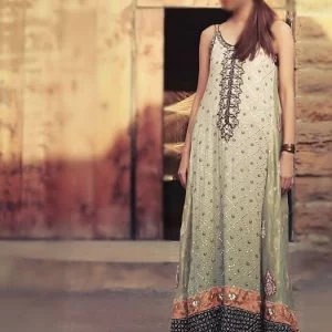 Beige and moss green evening dress, embellished round neckline, front and hemline, banarsi jamawar trousers