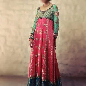 Cerise anarkali dress, embellished long shirt, rounded neck, straight trousers
