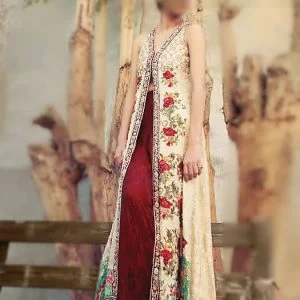 Front slits evening dress, embellished long shirt, v neckline , flared trousers, cream
