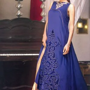 Long gown party dress, embroidered high low hem boat neck over top and under top, straight pants, cobalt blue