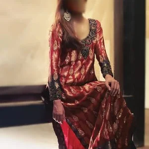 Full sleeves party dress, scoop neckline, a-line embellished long shirt, straight trousers, lava red
