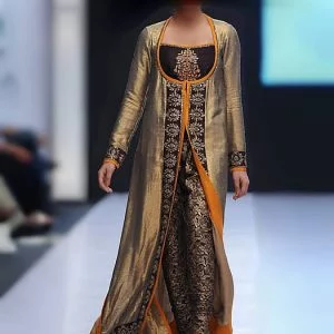 Front slit party dress, full sleeves, horse shoe neck embellished long shirt with churidar pajama, olive drab