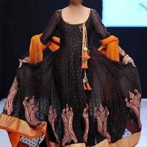 Black anarkali dress, round neckline flared embellished long shirt, straight trousers