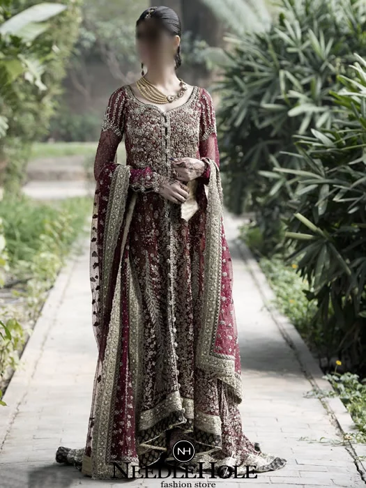 High low hem bridal dress, full sleeves bridal shirt and embellished wedding sharara, redwood