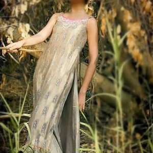 Tan party dress, spaghetti straps, embellished long shirt with flared trousers