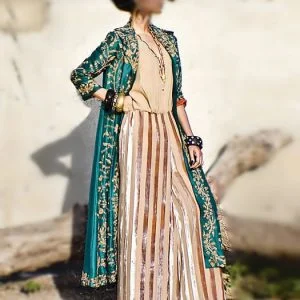 Teal party dress, opposite-collar over top with plain short length under top and flared trousers