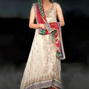 Gracefully flowing bridal lehenga dress in off-white colour comes with round sweet-heart neckline embellished long bridal shirt and embellished bridal veils