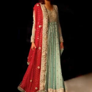 Cambridge Blue Bridal Gown Dress In Chiffon Making You Look Glamorous Enhanced With Rich Detailed Embellishments Comes With Pre-stitched Churidar Pajama And Chiffon Bridal Dupatta