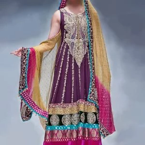 Nomi ansari anarkali suit in byzantium color, embellished round neck flared long anarkali shirt with churidar pajama and dupatta