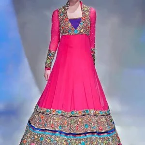 Ruby anarkali suit, full fitted sleeves, stand collar neck embellished floor length anarkali shirt with churidar pajama and veils