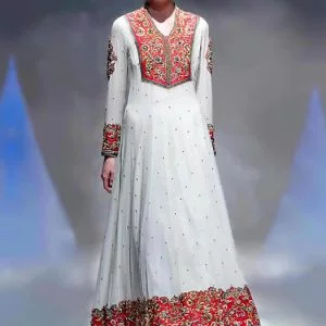 Full sleeves anarkali dress, collar neck embellished flared long shirt with churidar pajama and dupatta in off-white color