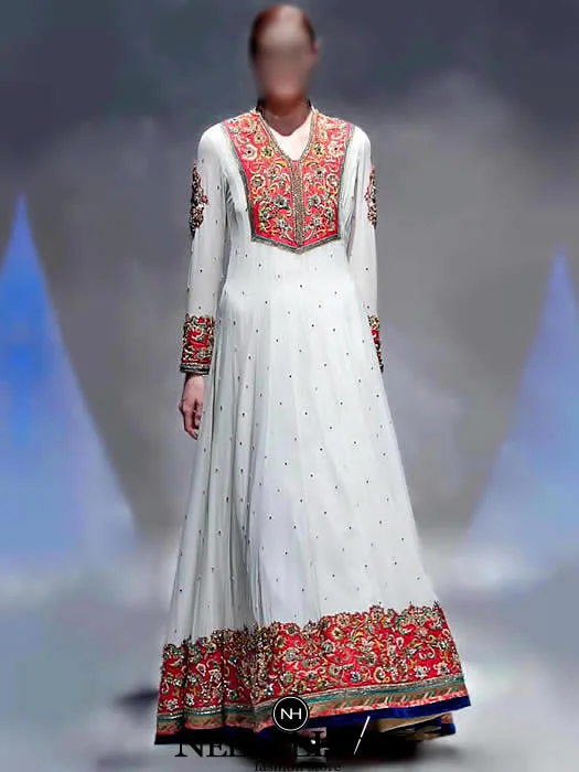 Full sleeves anarkali dress, collar neck embellished flared long shirt with churidar pajama and dupatta in off-white color