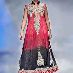 Dip-dyed anarkali suit, stand collar, flared embellished long anarkali shirt with flared trouser and veils