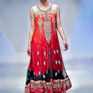 High low hem anarkali dress, round neck, dip-dyed front slit embellished flared long anarkali shirt with straight trouser and veils