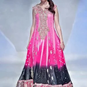 Rose pink anarkali dress, v neck flared embellished long anarkali shirt with churidar pajama and veils