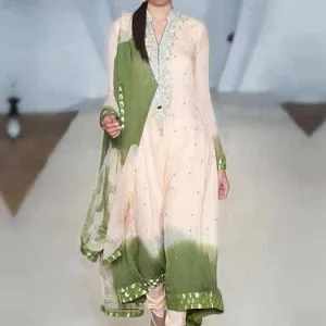 Dip dyed anarkali suit, embellished collar long anarkali shirt with churidar pajama and veils