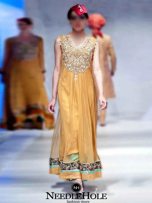 Mehndi anarkali suit in fawn color, u neckline embellished flared long anarkali shirt with plain trouser and veils