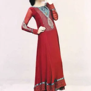Carmine formal dress, churidar sleeves, rounded neck slight flared long shirt with churidar pajama