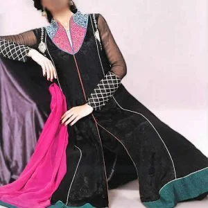 Black party dress, decollete neckline, full sleeves, front slit slight flared long shirt, flared trouser