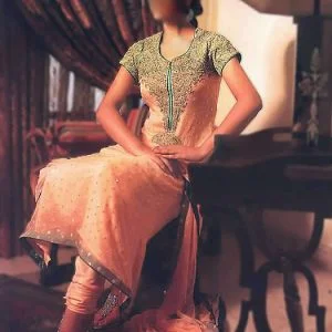 Pink-orange engagement dress, half sleeves, u neck a-line long shirt with pre-stiched churidar pajama