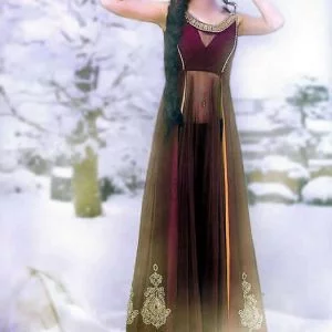 Tyrian purple party dress, rounded neck, flared embellished long shirt with flared sharara and dupatta