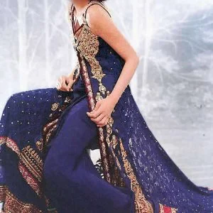 Sapphire formal dress, u neckline, embellished front slit long shirt with sharara and dupatta