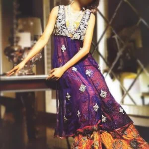 Dark indigo special occasion sharara, v neck front slit slight flared shirt and dupatta