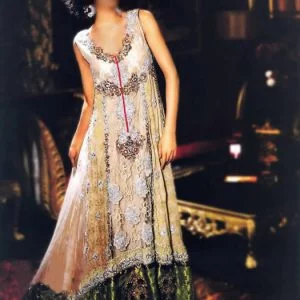 Buff special occasion dress, embellished scalloped neck flared long gown with straight pants and veils