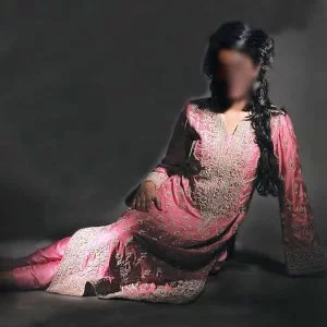 Salmon pink formal dress, v neck, embellished long shirt with fitted pajama and dupatta