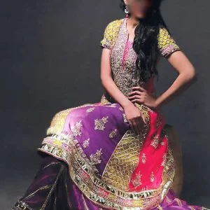 Multi color engagement lehenga, u neck, half sleeves embellished flared long shirt with veils