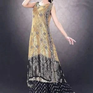 Gold and black evening dress, rounded neck a-line dip dyed double layered long shirt with flared sharara and veils