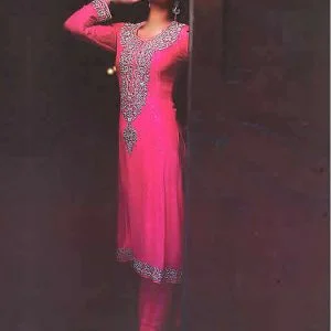 Brink pink party dress, full sleeves, embellished u neck straight shirt with straight shalwar and veils