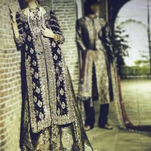 Elbow sleeves wedding sharara, sweetheart neck, front slits long bridal shirt, flared sharara, black
