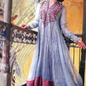 Ash gray special occasion dress, fitted churidar sleeves, stand collar v neck flared long shirt with churidar pajama