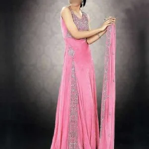 U neckline formal dress, dual slit, double layered flared long bridesmaid gown with straight pants, dark cherry blossom pink