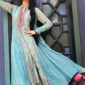 Powder blue churidar suit, stand collar neck, embroidered churidar sleeves flared long shirt with churidar pajama and dupatta