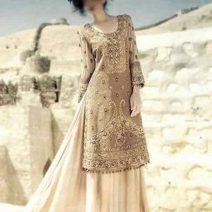 Old gold engagement dress, rounded neck, embellished full sleeves straight shirt with flared lehenga