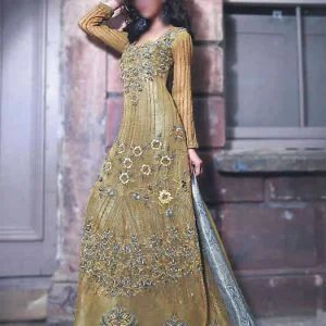 Full sleeves evening wear lehenga, scalloped neck embroidered a-line long shirt with flared lehenga and veils, vegas gold