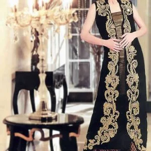 Special occasion churidar suit, stand collar, embroidered front open long shirt and veils in black color