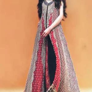 Venetian red engagement dress, embellished rounded neck front slit long gown with flared plain sharara