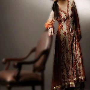Special occasion dress in camel and burnt orange color, bishop sleeves, v neck embroidered flared long shirt with churidar pajama and veils