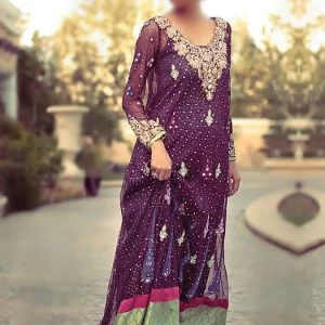 Tena durrani formal dress in palatinate purple color, full sleeves u neck embellished long shirt with flared pants and dupatta