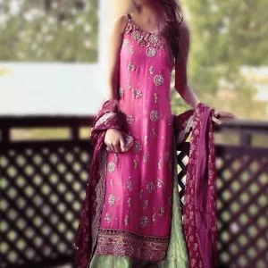Beautiful sharara suit for engagement party in hollywood cerise color, thin straps, straight long shirt with sharara and dupatta