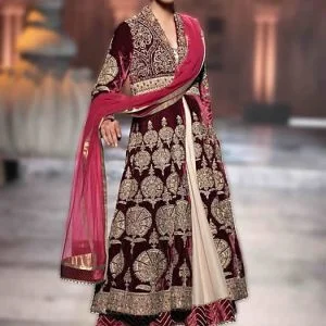 Falu red anarkali dress, decollete neck, full sleeves, heavy embroidered front slit anarkali suit with pre-stitched churidar pajama and dupatta