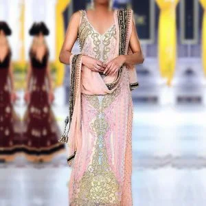 Formal wear long maxi dress in papaya whip color, embellished v neck long maxi top with straight trouser and embellished dupatta
