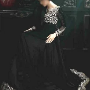 Anarkali dress in black color, boat neck, embellished full sleeves long anarkali shirt with straight pants and dupatta