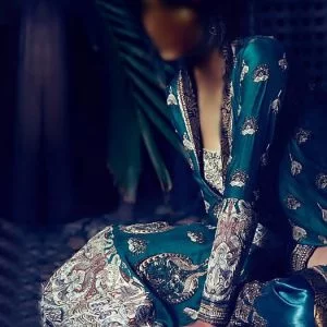Nida azwer party wear shalwar kameez in pine green color, decollete neck, embroidered fitted full sleeves a-line shirt with shalwar and dupatta