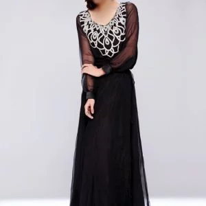 Black party wear long gown, embellished rounded neck long gown with straight pants and dupatta